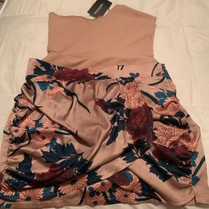 Prettylittlething Nude Satin Floral Mini Skirt